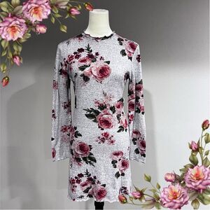 High neck floral long sleeve light sweater dress